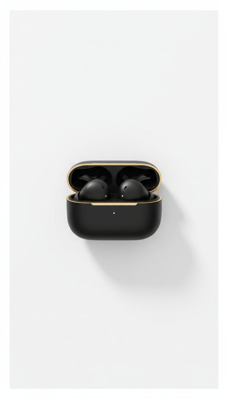 Black wireless earbuds in a black and gold charging case