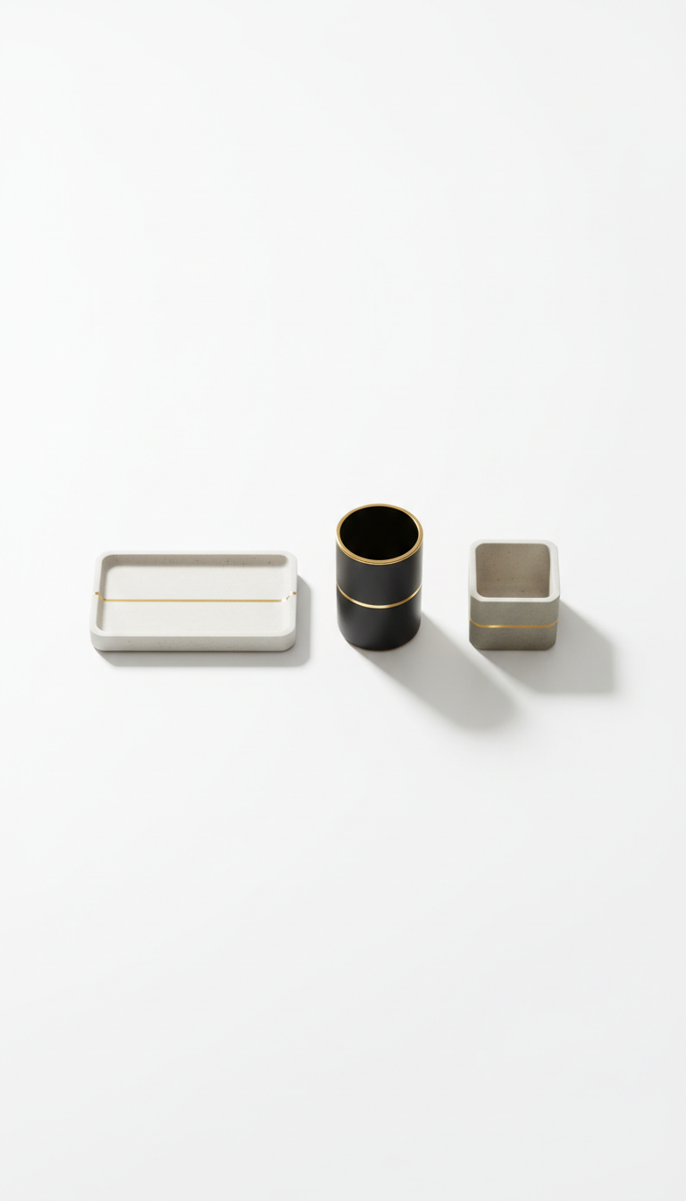 Three-piece black, gold and ivory desk organizer