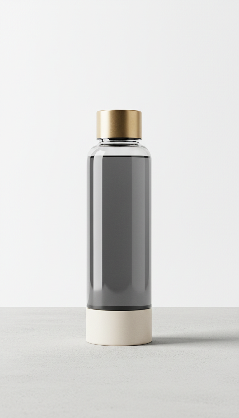 Smoky glass bottle with a gold cap and ivory base
