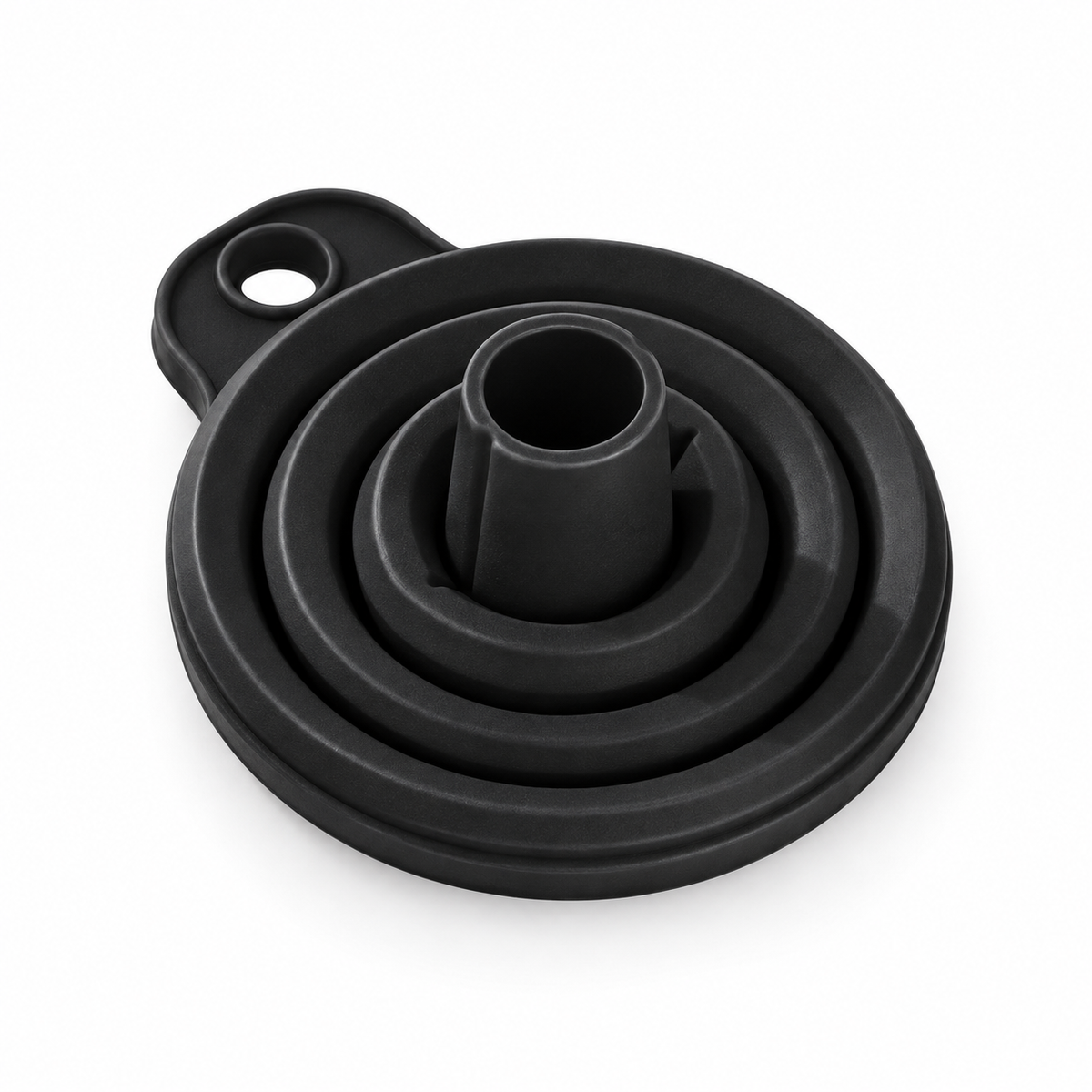Black foldable silicone funnel photographed on a light surface