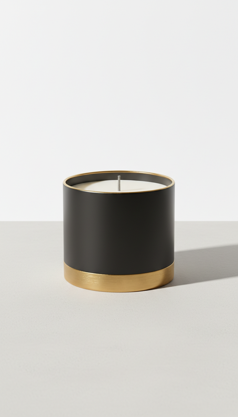 Black and gold candle on a warm neutral surface