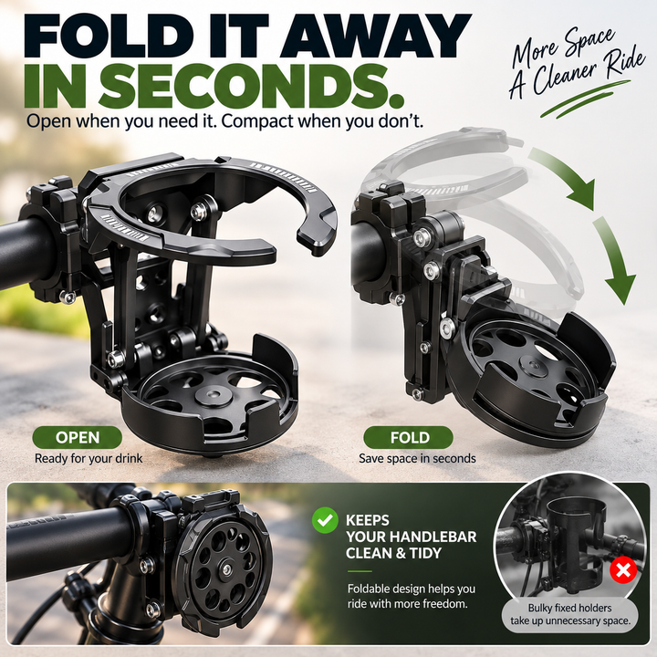 Folding Bike Cup Holder — additional details and use
