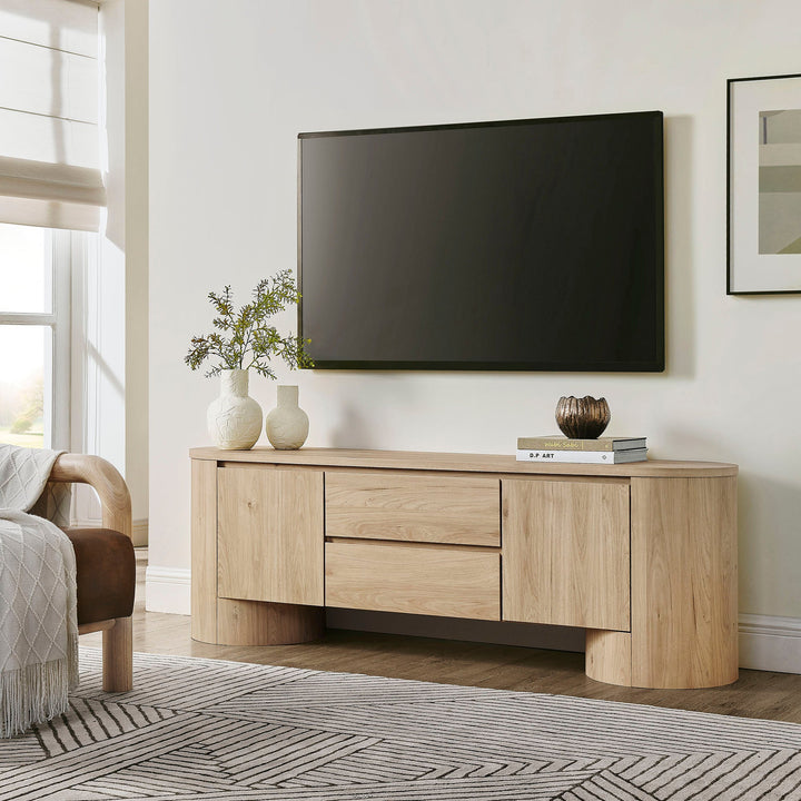 Duval 71 Inch Oval TV Cabinet — Light Oak — room setting