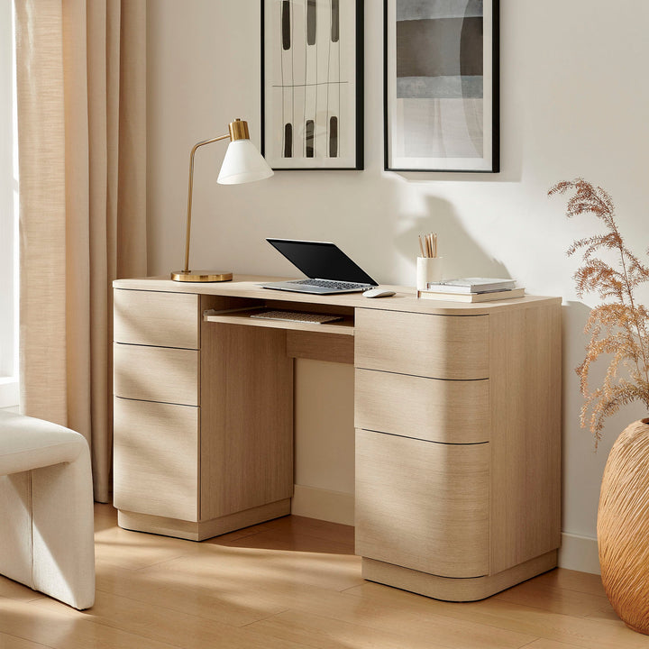 Mirae 55" 6-Drawer Curved Office Desk — Brushed Light Oak — room setting