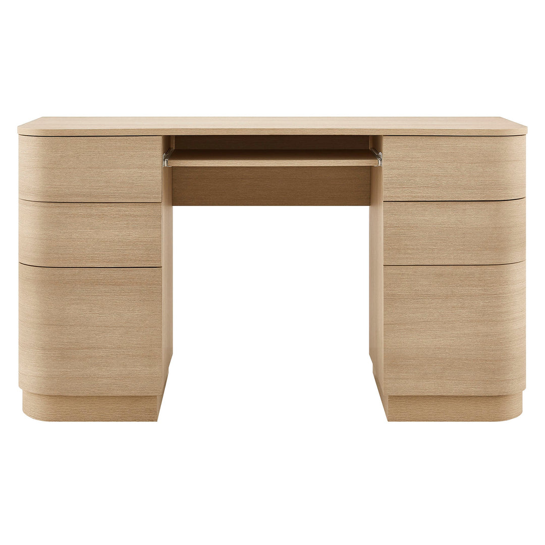 Mirae 55" 6-Drawer Curved Office Desk — Brushed Light Oak — detail view