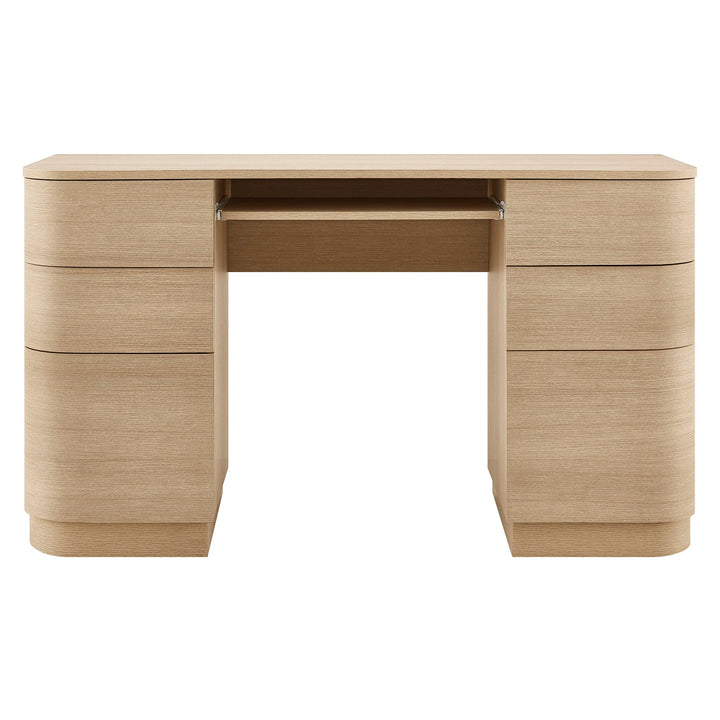 Mirae 55" 6-Drawer Curved Office Desk — Brushed Light Oak — detail view