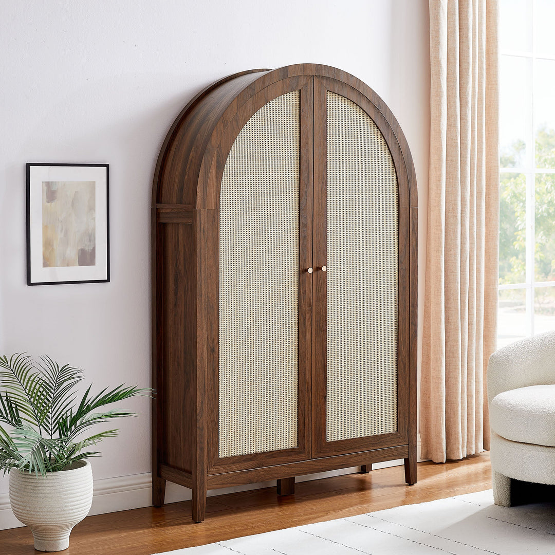 Calista 63 Inch Arched Storage Cabinet With Folding Desk — Walnut — room setting