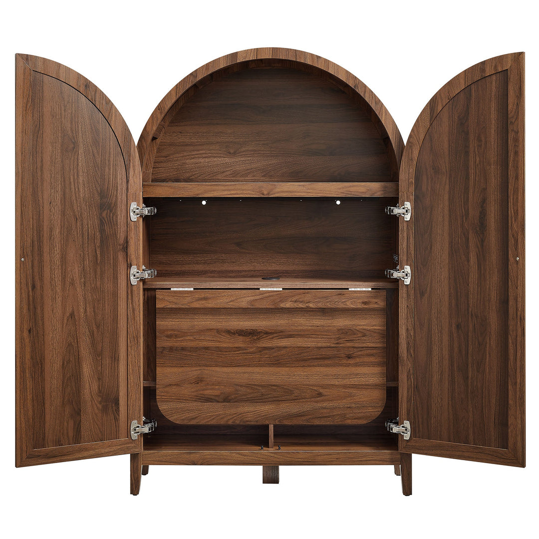 Calista 63 Inch Arched Storage Cabinet With Folding Desk — Walnut — detail view