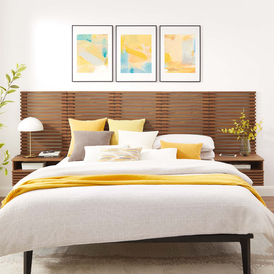 Render Wall Mount Headboard and Modern Nightstands — Queen / Walnut — room setting