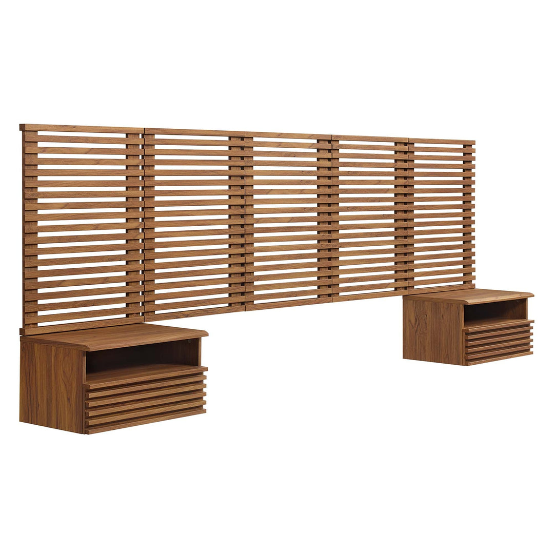 Render Wall Mount Headboard and Modern Nightstands — Queen / Walnut — front view