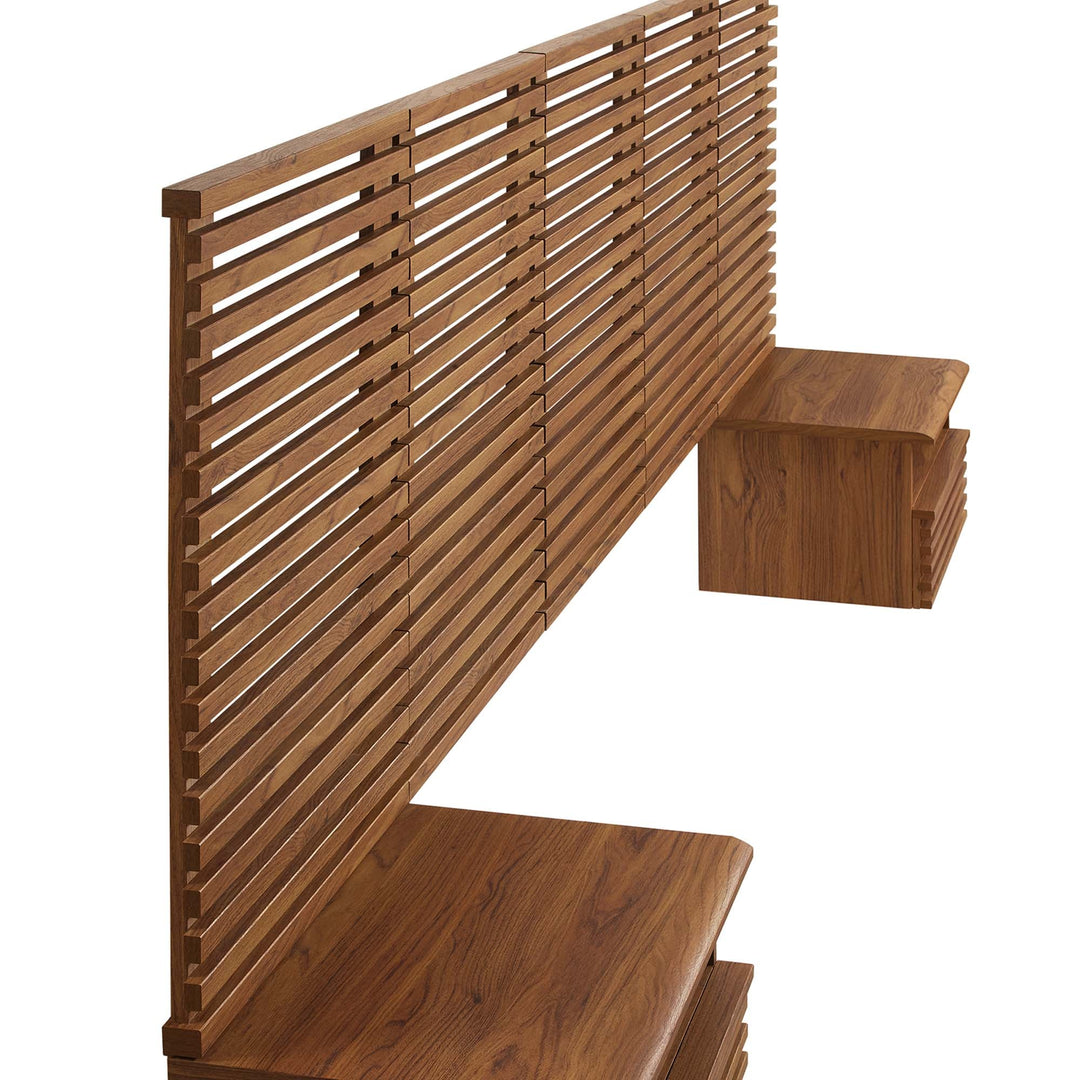Render Wall Mount Headboard and Modern Nightstands — Queen / Walnut — detail view