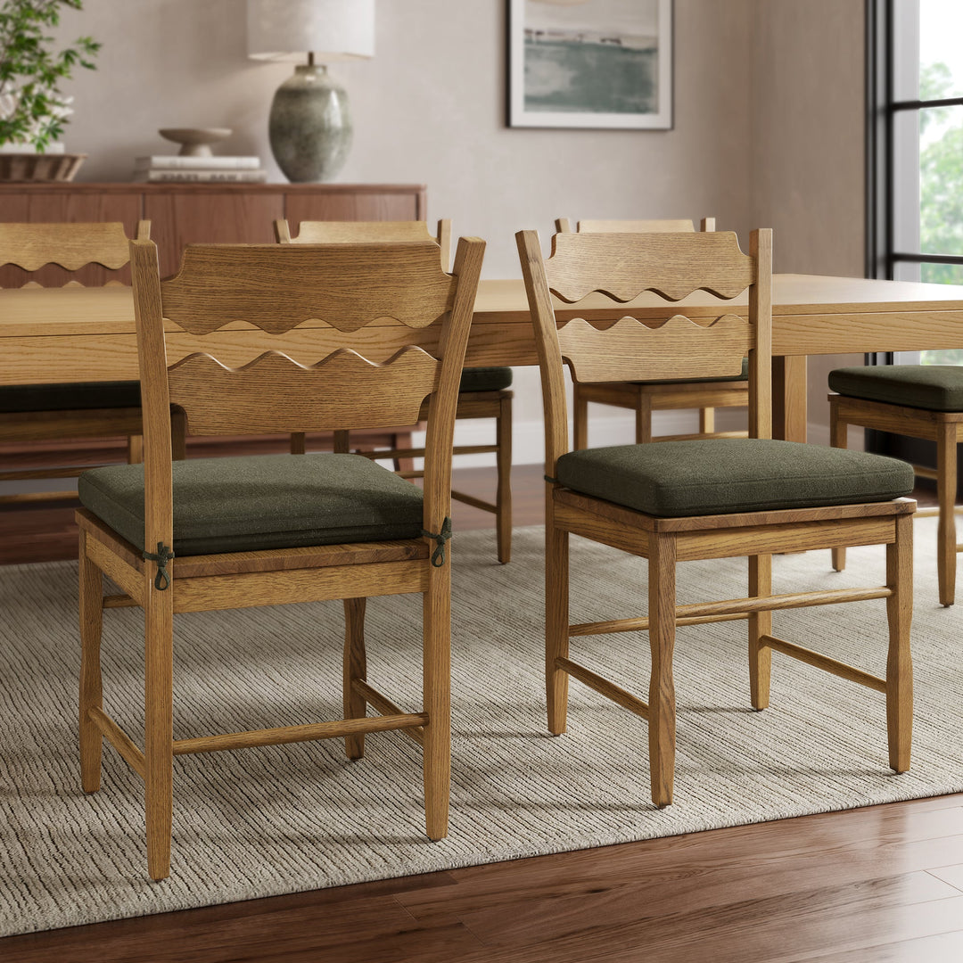 Jax Oak Wood Dining Chair With Wavy Razor Back and Cushion Set of 2 — Weathered Oak Sage — room setting