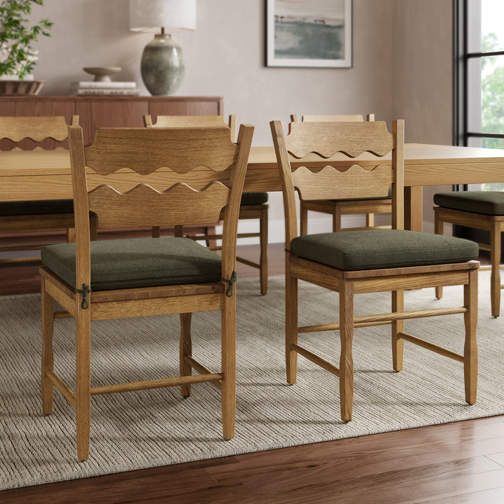 Jax Oak Wood Dining Chair With Wavy Razor Back and Cushion Set of 2 — Weathered Oak Sage — room setting