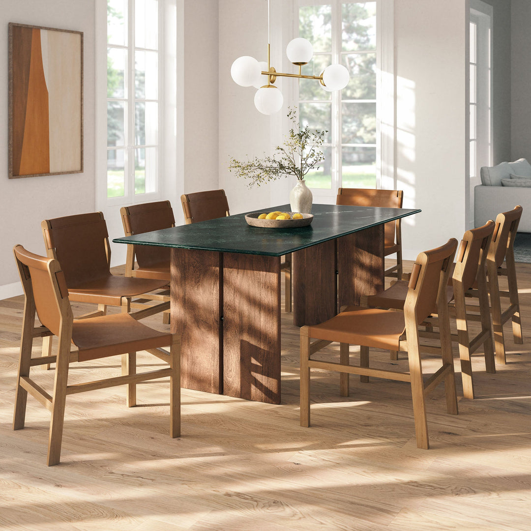 Amistad 86 Inch Marble Dining Table — Walnut Green Marble — room setting