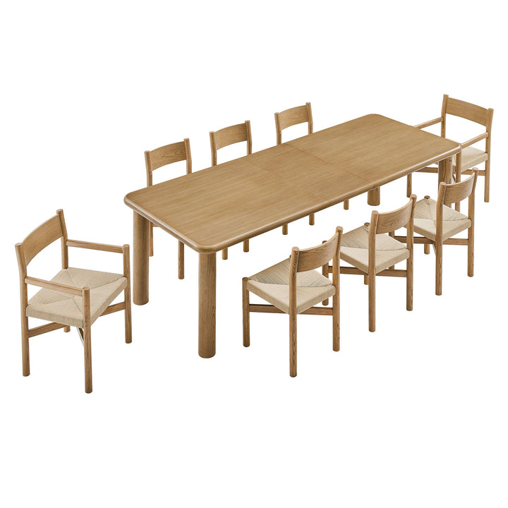 Alvia 9-Piece Oak Wood Extendable Dining Table and Chairs Set — Weathered Oak — front view