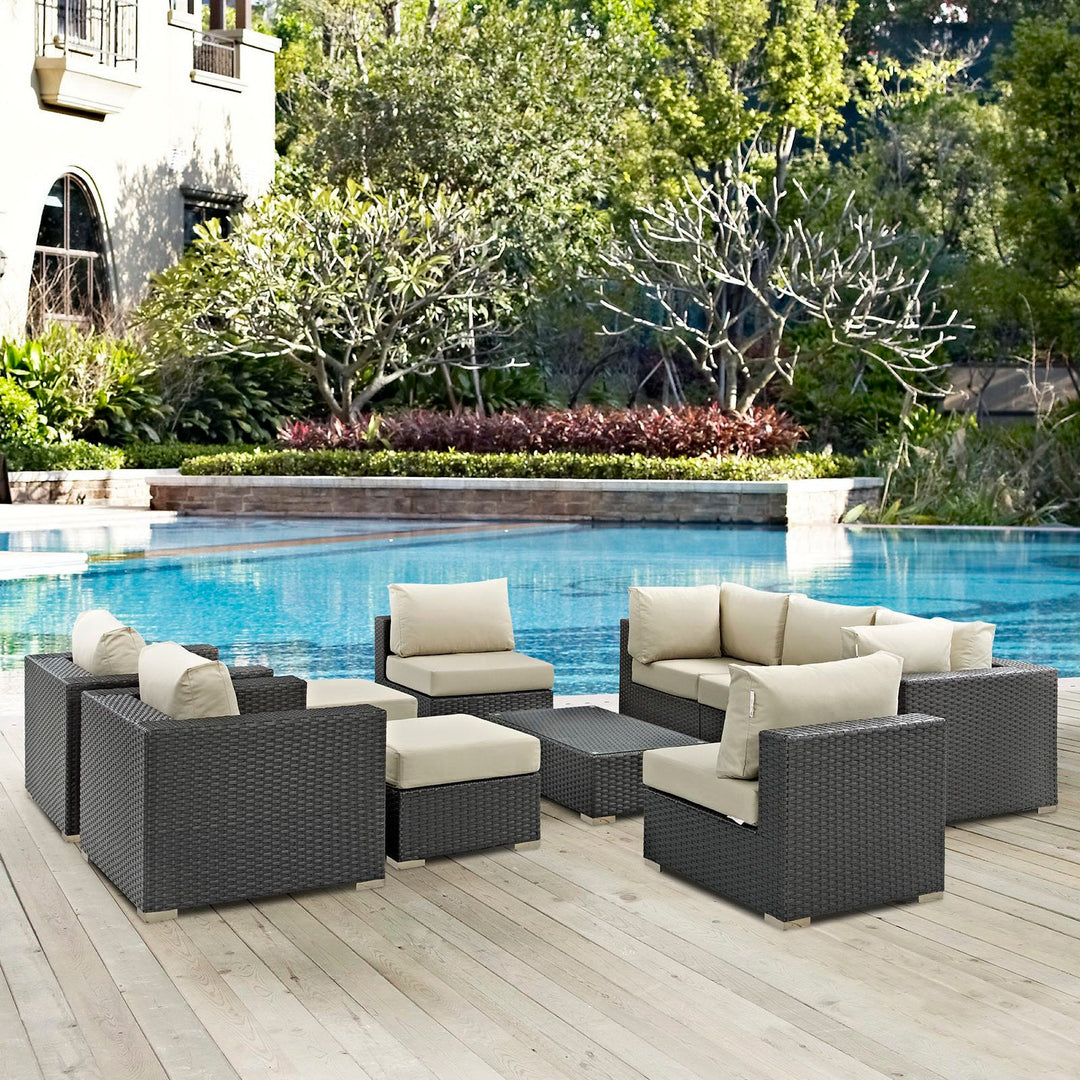Sojourn 10 Piece Outdoor Sunbrella® Sectional Set — Canvas Antique Beige — room setting