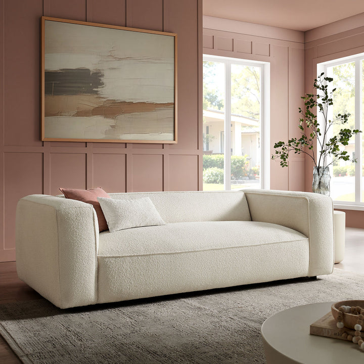 Auren 88 Inch Lattice Bouclé Upholstered Sofa — Cream — room setting