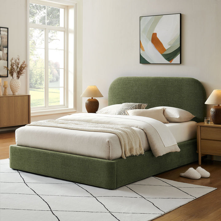 Keynote Fabric Upholstered Storage Platform Bed Frame — Queen / Foliage — room setting