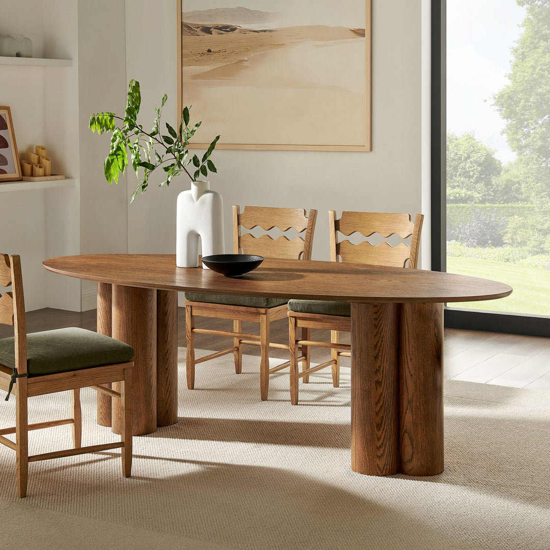 Renwick 79 Inch Oak Veneer Oval Pedestal Dining Table — Walnut — room setting