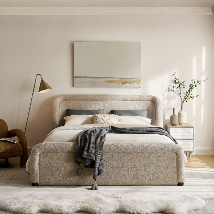 Tasmin Upholstered Fabric Platform Bed — Linen / Queen — room setting
