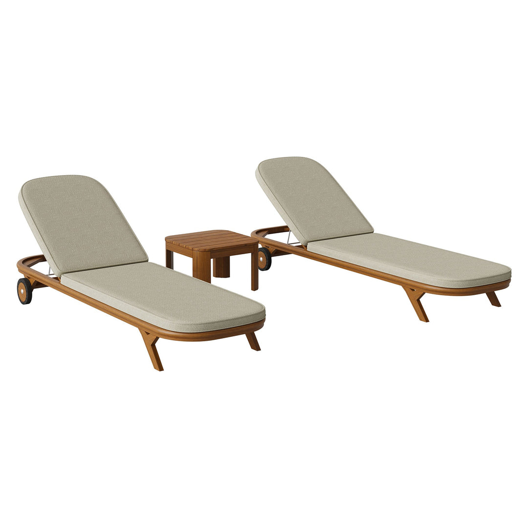 Kona 3-Piece Outdoor Teak Wood Chaise Lounge Set — Sand — front view