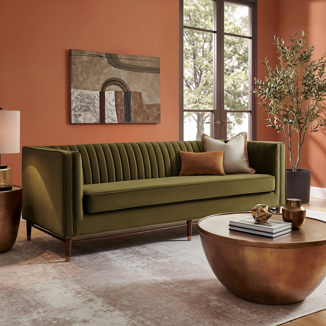 Devote 93 Inch Performance Velvet Channel Tufted Sofa — Cypress — room setting