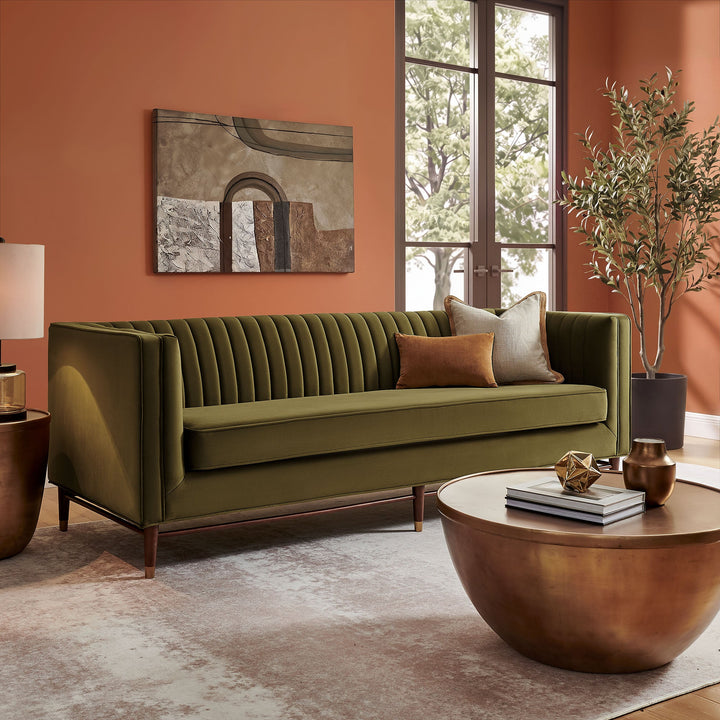 Devote 93 Inch Performance Velvet Channel Tufted Sofa — Cypress — room setting