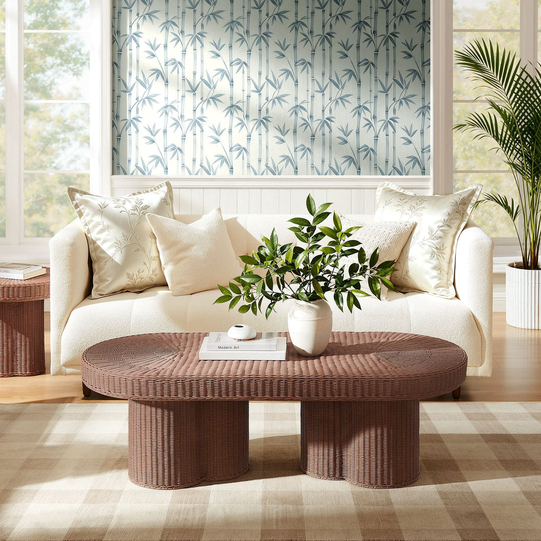 Sarova 60 Inch Natural Rattan Pedestal Coffee Table — Mocha — room setting