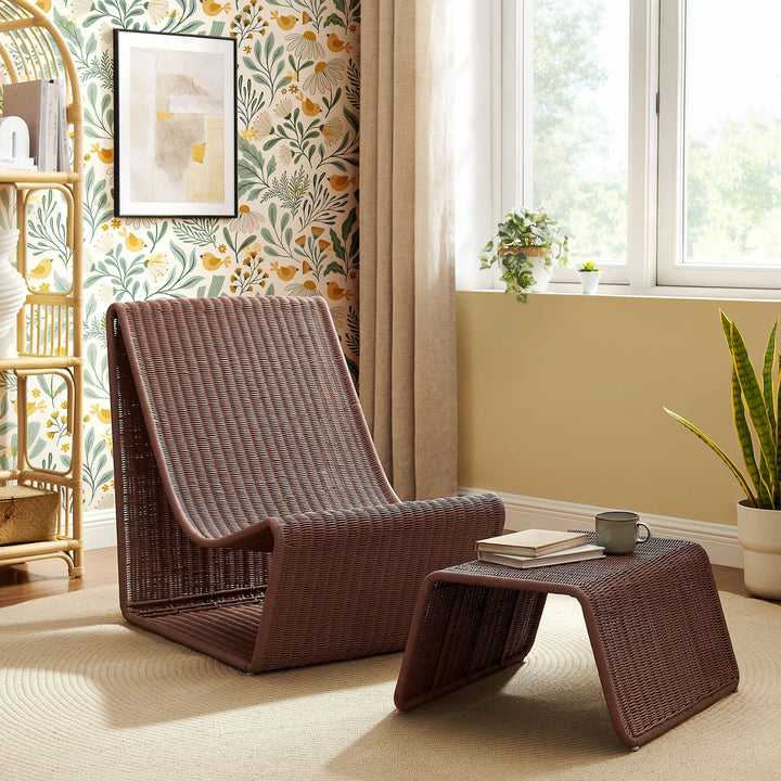 Eira 2 Piece Continuous Curved Natural Rattan Lounge Chair and Ottoman Set — Mocha — room setting