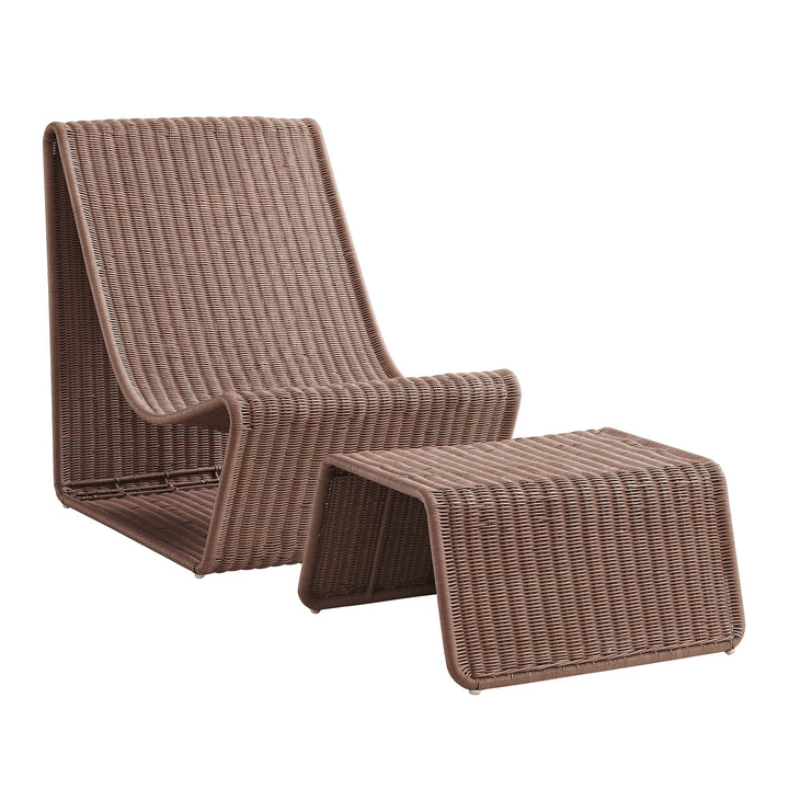 Eira 2 Piece Continuous Curved Natural Rattan Lounge Chair and Ottoman Set — Mocha — front view