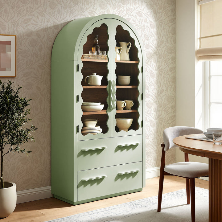 Rory 76 Inch Arched Display Cabinet — Sage Walnut — room setting