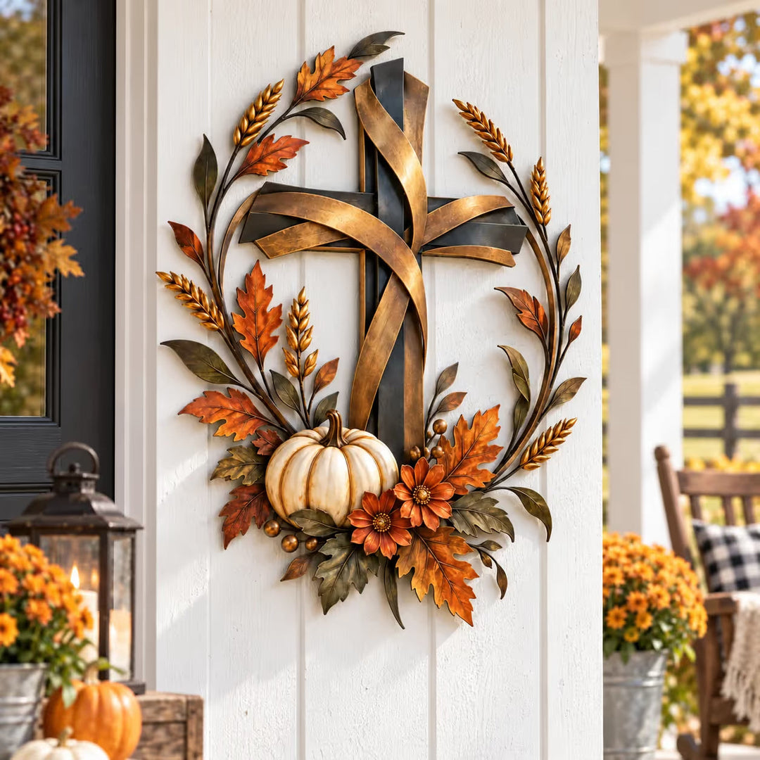 Autumn Cross and Pumpkin Wall Decor — detail view