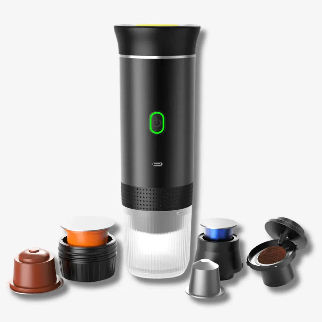 Portable Espresso Maker — product and coffee adapters