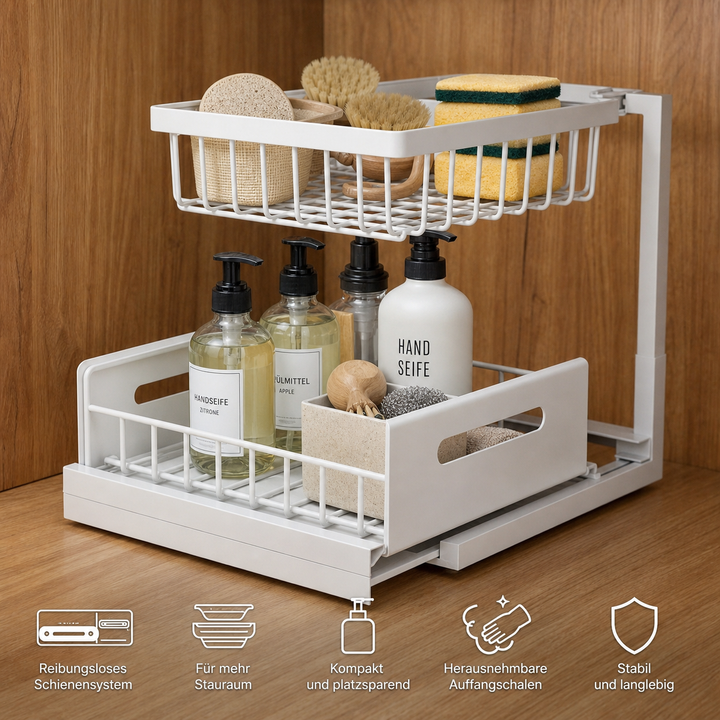 Two-Tier Pull-Out Cabinet Organizer — additional details and use
