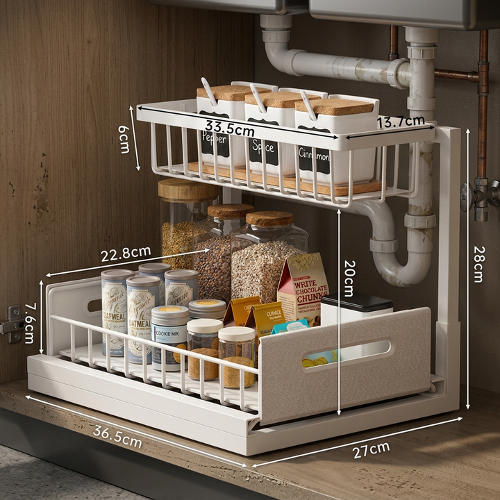 Two-Tier Pull-Out Cabinet Organizer — additional details and use